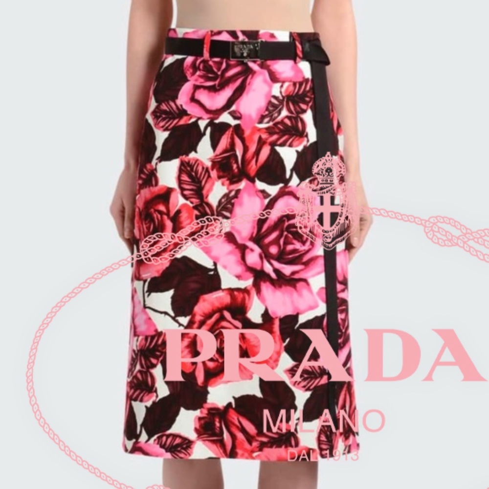 PRADA $1,120 Logo / rose-print cotton pencil skirt